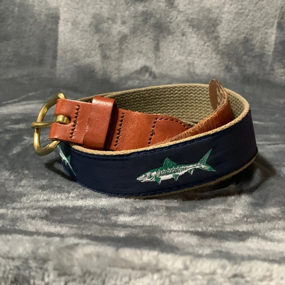 World Wide Sportsman Belt Mens 34 Ribbon Navy Blue Bonefish Leather Man Ltd EUC